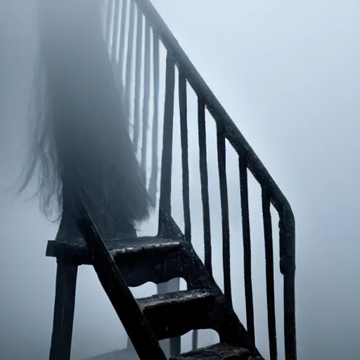 Image similar to a ghostly hand holding a metal step ladder emerges from the mist