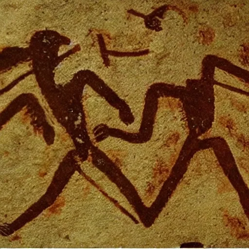 Image similar to a photo of neolithic cave painting of patapons fighting mochichichi, 4 k, history channel, high quality