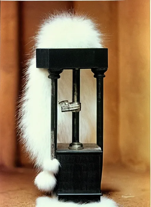 Image similar to ultra very realistic photo of a a medieval temple chemistry appliance pump, made of wood white clay fluffy fur black plastic 1 9 9 0, life magazine photo, natural colors, museum collection, kodak