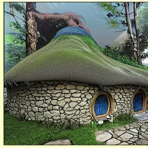 Prompt: blueprints for a hobbit cottage