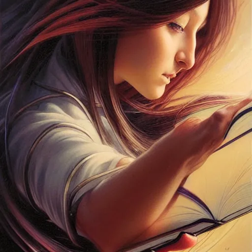 Image similar to a girl reading a book, her hair flowing down, by karol bak, ayami kojima, artgerm, smile, concept art, fantasy