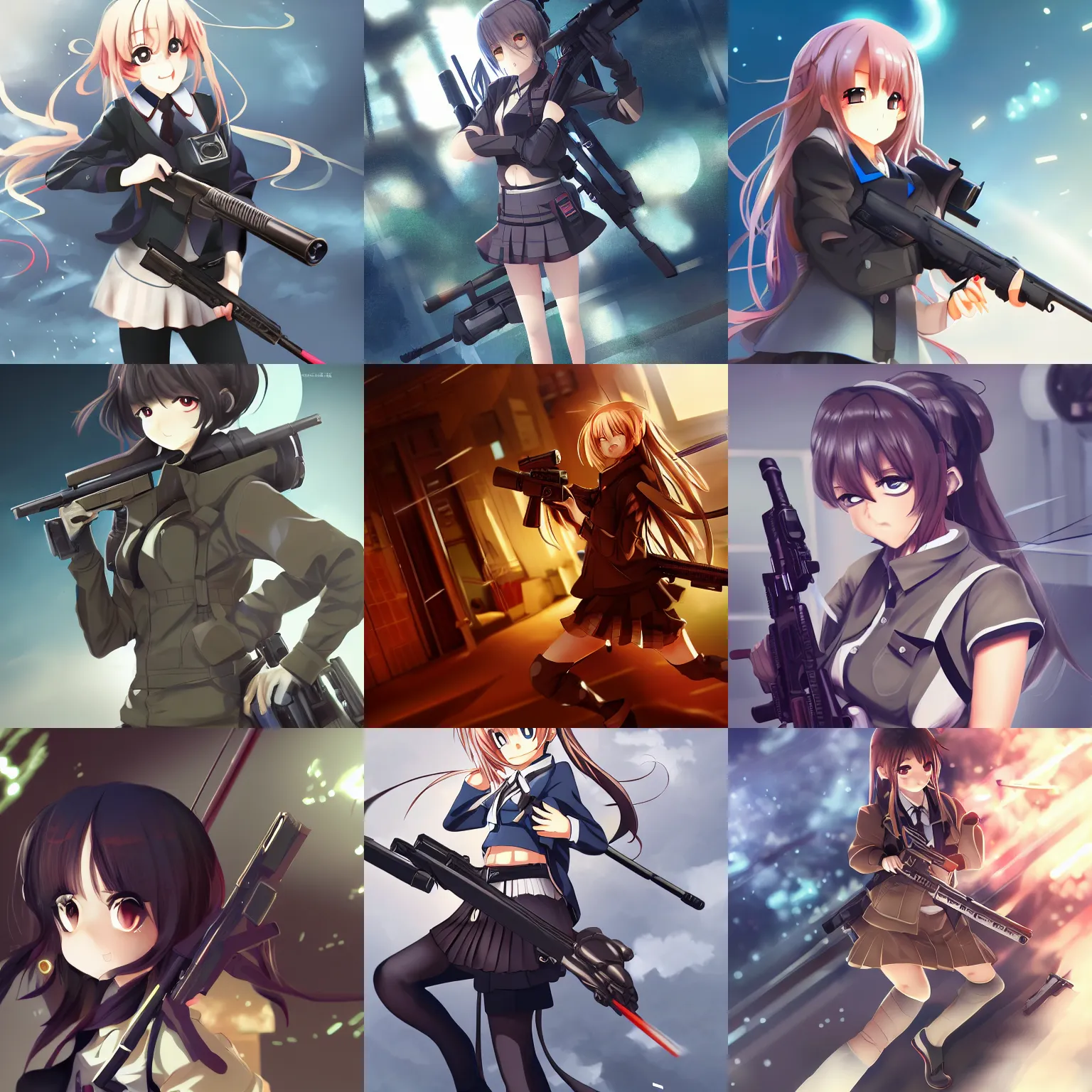 Prompt: anime, full body, cute, female, a cute girl wearing a school uniform and holding a sniper rifle, gun fight, light and shadow effects, highly detailed, digital painting, art station, sharp focus, illustration, concept art, advanced digital anime art