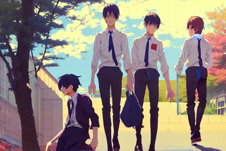 Image similar to boy's love anime high school spring noon scene, high detail concept art, perfect proportions fine face, tall handsome guys, close together romantic undertones, avant designer uniform, vivid colors, realistic shaded lighting poster fantasy art ilya kuvshinov, kyoani, katsuhiro, jeremy lipking and michael germash, makoto shinkai, loish, best selling artist