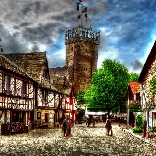 Prompt: a small town with peasants walking around, medival, realism, realistic, hdr, clear image,