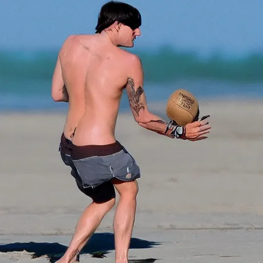 Prompt: jared leto and mark cuban are playing catch on the beach