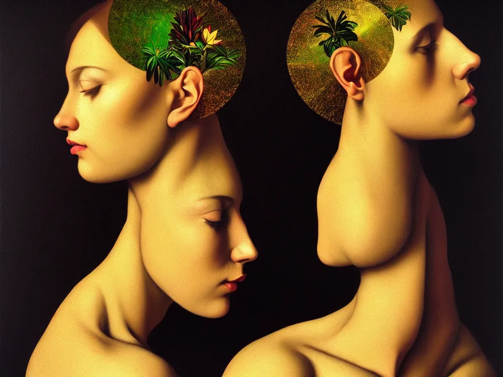 Prompt: hyperrealistic still life portraita womans face in profile, beautiful plants, sacred geometry, light refracting through prisms in a tesseract, sacred geometry, light refracting through prisms in a tesseract, by caravaggio, botanical print, surrealism, vivid colors, serene, golden ratio, rule of thirds, negative space, minimalist composition