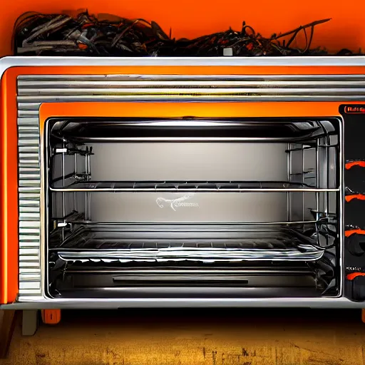 Image similar to toaster oven connected to 1 0 0 cables, symmetry, dark messy smoke - filled cluttered workshop, dark, dramatic lighting, orange tint, sparks, cinematic, highly detailed, sci - fi, futuristic, movie still