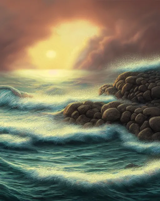 Prompt: sea with big waves crashing to shore and rocks, sunset, hyper realistic, artstation, illustration, nicoletta ceccoli, mark ryden, lostfish, dan decarlo, bob clampett, max fleischer, digital paint, matte paint, vivid colors, detailed and intricate environment