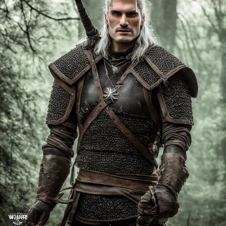 Image similar to 5 5 mm portrait photo of an armored handsome well - built male warrior, in a magical forest in the style the witcher, highly detailed 8 k. lifelike. soft light. nikon d 8 5 0. cinematic post - processing