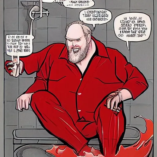 Prompt: jon lithgow sitting in a bathtub full of red liquid, he has a sinister smile on his face, comic book art, marvel