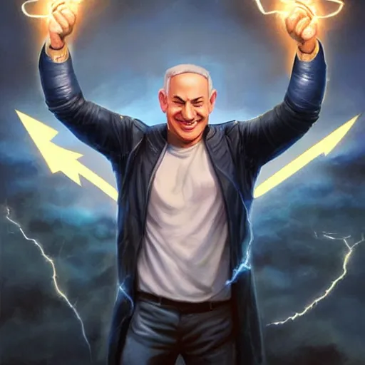 Prompt: portrait of benjamin netanyahu grinning while holding lightning bolts with his hands, superhero art, by artgerm and greg rutkowski