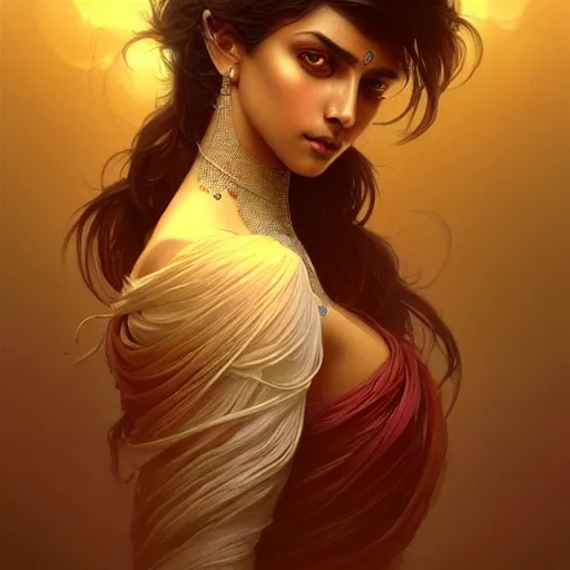 Image similar to ultra realistic illustration, a indian digital ghost, transparent, static, intricate, elegant, highly detailed, digital painting, artstation, concept art, smooth, sharp focus, illustration, art by artgerm and greg rutkowski and alphonse mucha