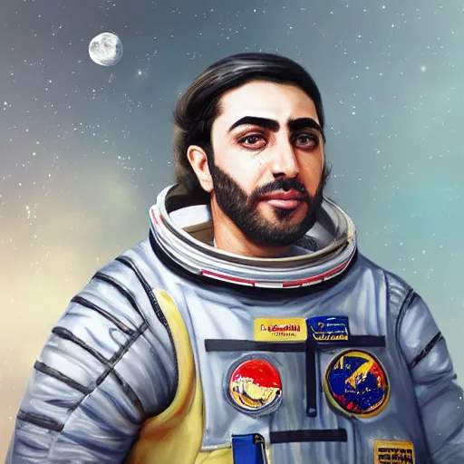 Image similar to first kurdish person on the moon, highly detailed, digital painting, artstation, award winning art, sharp focus