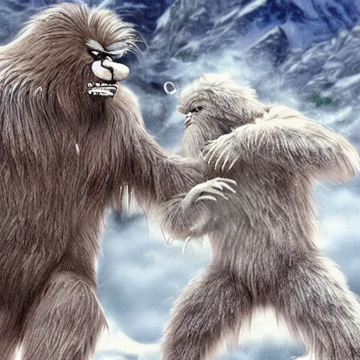 Image similar to a high detailed realistic photo of a yeti and sasquatch fighting