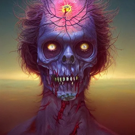 Image similar to a nature portrait of a p - zombie!!! natural lighting art dawn. highly detailed. colourful. moody. artstation, 4 k, by gerald brom zdzisław beksinski, and ansel adams and studio ghibli, horror, lots of sakura flowers, lovely