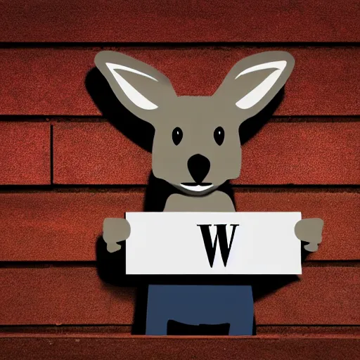 Image similar to a kangaroo holding a sign made out of steel with the word the letters'w ','e ','l ','c ','o ','m ','e'carved on it, digital art