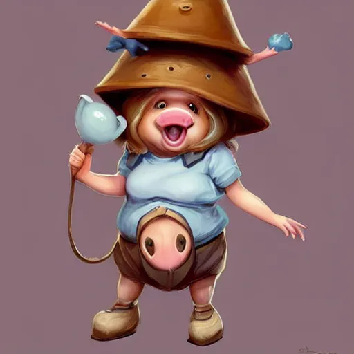 Image similar to cute little anthropomorphic funny female pig wearing shorts, a sunhat, boots and a pale blue shirt!! tiny!! fully clothed!!! small, short, cute and adorable, character art portrait, matte fantasy painting, deviantart artstation, by jason felix by steve argyle by tyler jacobson by peter mohrbacher, cinema