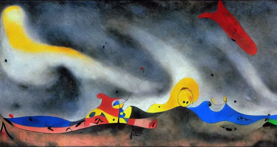 Image similar to an incredibly huge wave illuminated by anger and desire, played by muse and painted by joan miro, trending on artstation,