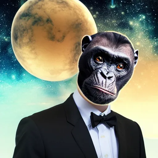 Image similar to double exposure portrait split in the middle, showcasing one astronaut and one chimpanzee in a suit posing with space in the background, pencil art, high definition, dynamic lighting stars, sharpness, golden ratio