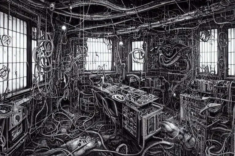 Prompt: lovecraftian office with terminals where humans are plugged into neural links and forced to dream for the eldritch overlords, by hr giger, dan mumford, stephen gammell, noriyoshi ohrai