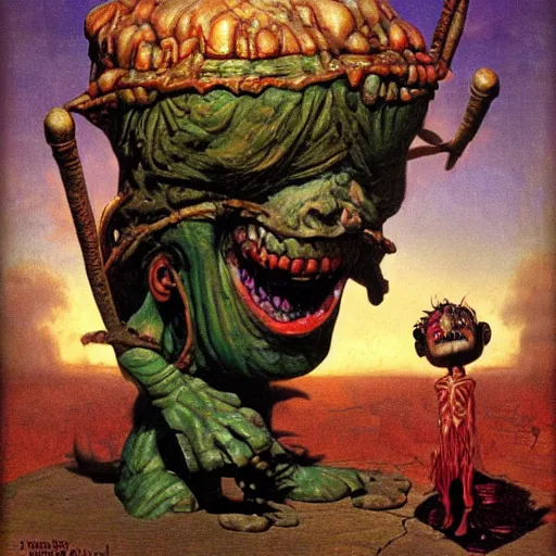 Image similar to possessed munchkin from oz, by lawrence alma-tadema and zdzislaw beksinski and norman rockwell and jack kirby and tom lovell and greg staples, artstation creature art