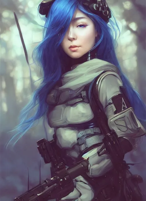 Image similar to stunningly beautiful female blue hair, dj sura face, fantasy art, military girl, army girl outfit, soldier helmet, jungle background, dark light night, sharp focus, digital painting, 8 k, concept art, art by wlop, artgerm, greg rutkowski and alphonse mucha