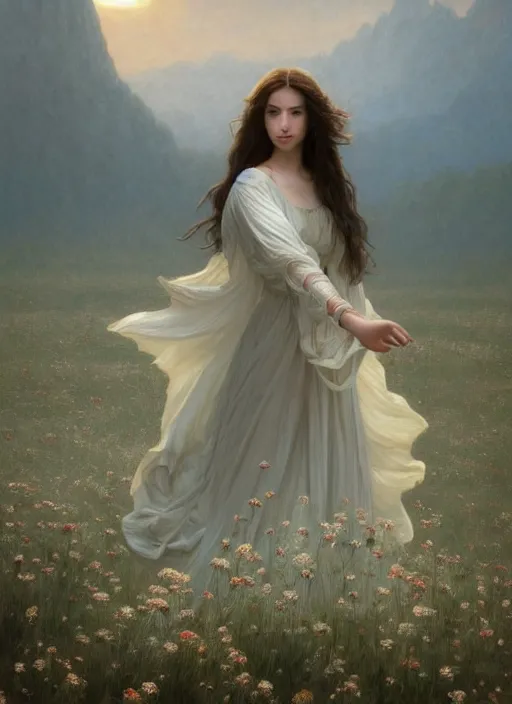 Image similar to oil painting portrait of a young woman with long dark flowing hair in a dress made of white flowers, dancing levitating floating over a field of flowers at sunset with mountains in the background, hazy, digital art, chiaroscuro, artstation, cinematic, golden hour, digital art painting by greg rutkowski, bouguereau, japanese scifi, hazy atmosphere, flowers, cinematic lighting