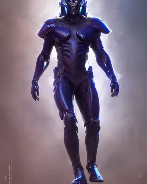 Image similar to toned character concept of iridescent sinewy smooth muscular male sleek glossy indigo black pearlescent scifi armor with continuous smooth black featureless helmet, by greg rutkowski, mark brookes, jim burns, tom bagshaw, magali villeneuve, trending on artstation