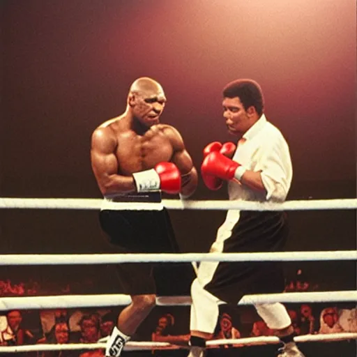 Image similar to mike tyson and muhammad ali boxing fight, volumetric lighting, very coherent