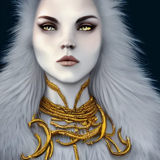 Image similar to portrait of a white human panter with a very long fur and gold jewelry, fantasy, trending on artstation, heroic pose, illustration, highly detailed, simple, 8k