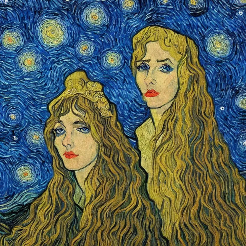 Image similar to An oil painting of terrible, but beautiful Elven Queen in the style of Starry Night by Vincent van Gogh