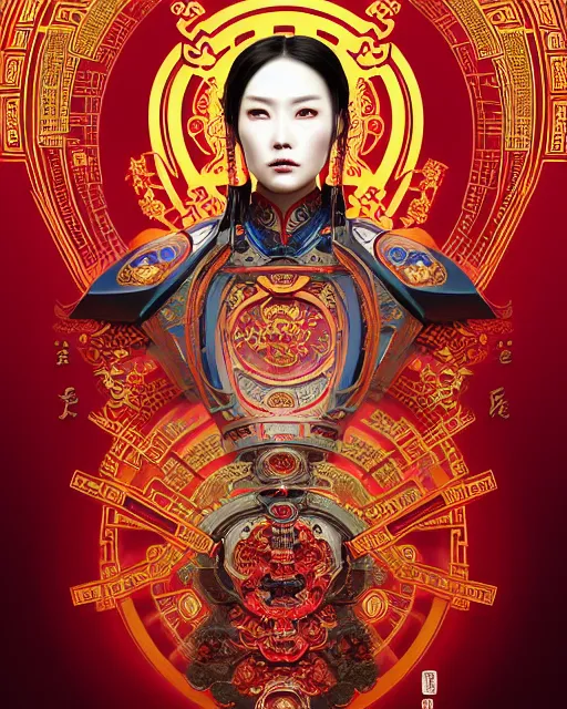 Image similar to portrait of a chinese cyberpunk machine, machine face, upper half portrait, decorated with chinese opera motifs, regal, asian, fine china, wuxia, traditional chinese art intricate intense elegant 京 剧 highly detailed digital painting artstation concept art smooth sharp focus illustration, art by artgerm and greg rutkowski alphonse mucha 8 k