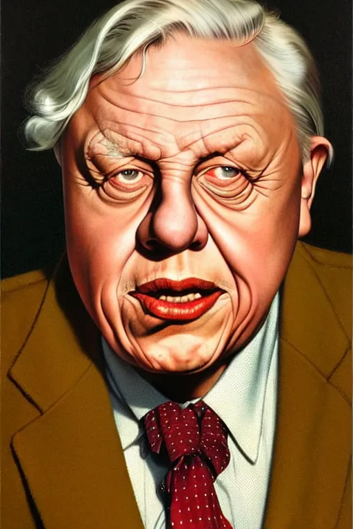 Image similar to david attenborough by gil elvgren and norman rockwell and rob gonsalves and hajime sorayama, hyperrealistic, high detail, ultra detailed, highly detailed face, ruffled fabric