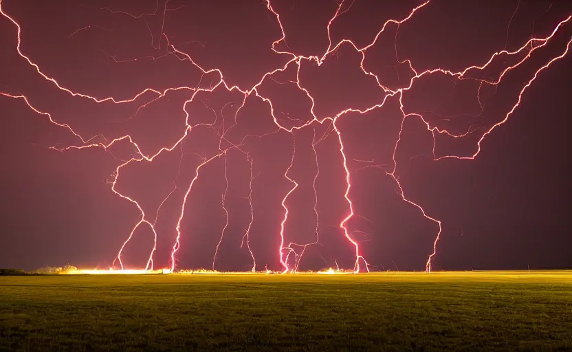 Image similar to red lightning bolts shoot from the ground, night, field, fire is visible on the horizon