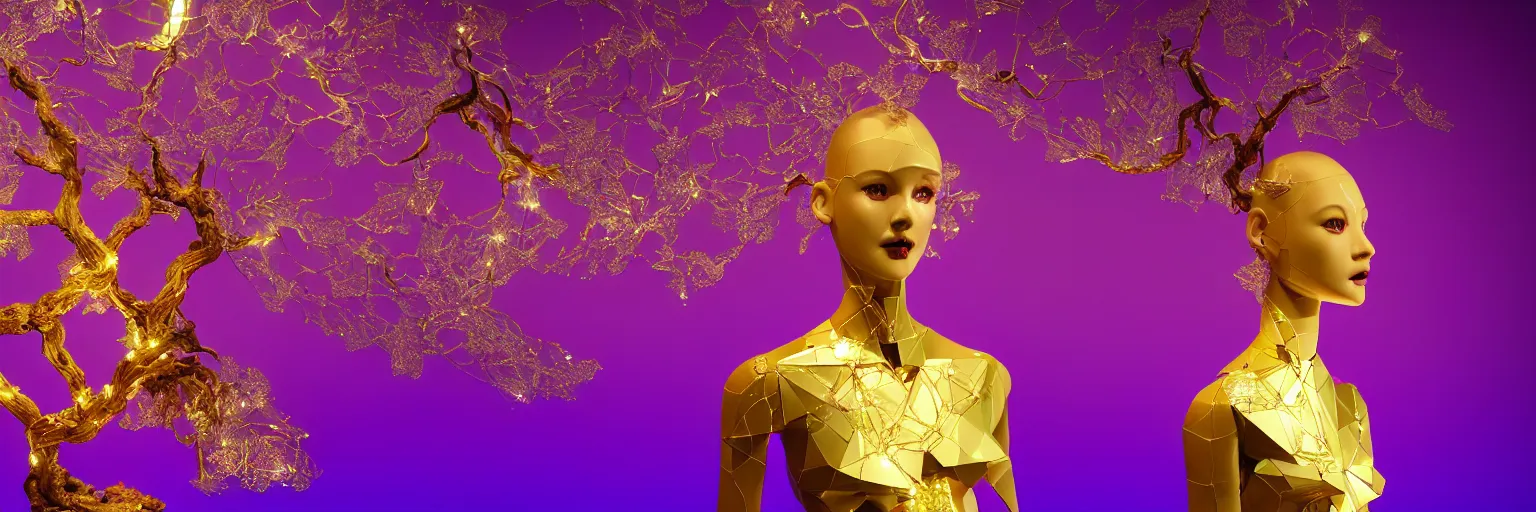 Image similar to beautiful mannequin sculpted out of amethyst by billelis + lit with geometric neon dripping gold + kintsugi, facing a doorway opening with neon pink geometric fractal light + flowering bonsai trees + lighting in background!!, clean linework, dramatic, finely detailed, award winning, 4 k, trending on artstation, photorealistic, volumetric lighting, octane render