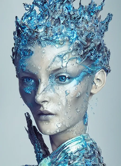 Image similar to sculpture made of water, portrait, female, future, shaman, harper's bazaar, vogue, magazine, insanely detailed and intricate, concept art, blue, wet, ornate, luxury, elite, elegant, trending on artstation, by ruan jia, by Kenneth Willardt, by ross tran, by WLOP, by Andrei Riabovitchev,