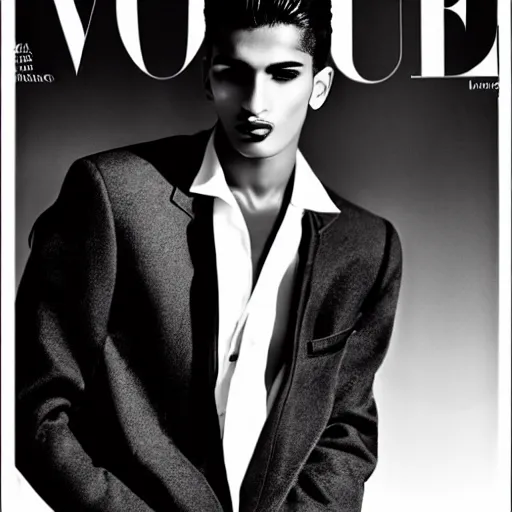 Image similar to a beautiful professional black and white photograph by hamir sardar, herb ritts and ellen von unwerh for the cover of vogue magazine of an unusually handsome moroccan male fashion model looking at the camera in a flirtatious way, leica 5 0 mm f 1. 8 lens