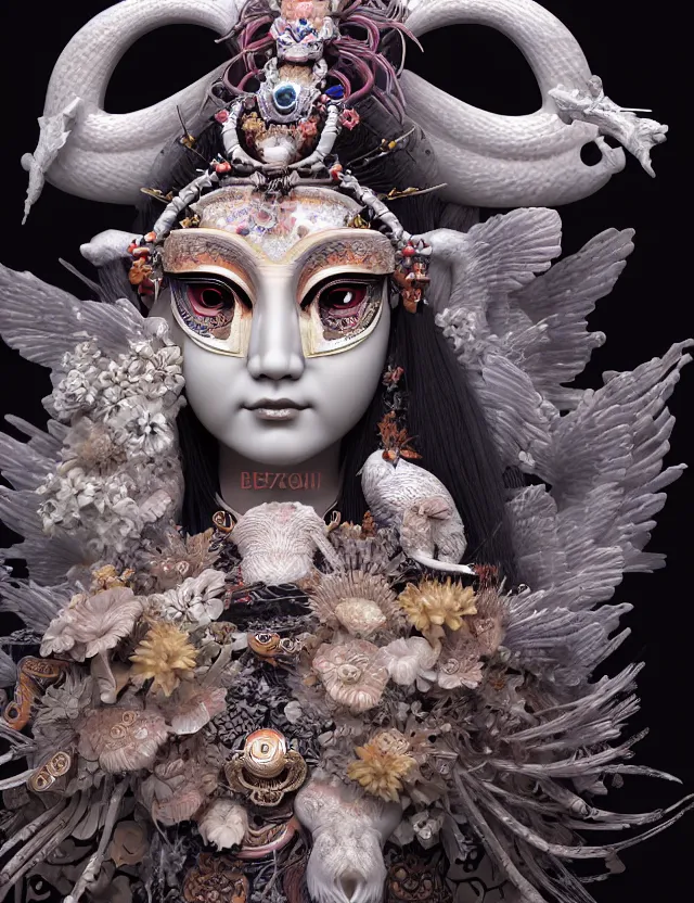 Image similar to 3 d goddess close - up 3 / 4 portrait with ram skull. beautiful intricately detailed japanese crow kitsune mask and clasical japanese kimono. betta fish, jellyfish phoenix, bio luminescent, plasma, ice, water, wind, creature, artwork by tooth wu and wlop and beeple and greg rutkowski