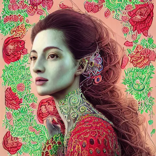 Image similar to the portrait of an absurdly beautiful, graceful, elegant, sophisticated, fashionable ethnic woman made of strawberries and green petals looking up, an ultrafine hyperdetailed illustration by kim jung gi, irakli nadar, intricate linework, bright colors, octopath traveler, final fantasy, unreal engine 5 highly rendered, global illumination, radiant light, detailed and intricate environment