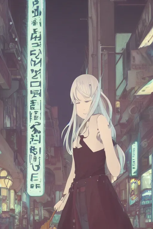 Image similar to a white haired girl with a guitar on her back shopping at a convenience store at night, grey and dark theme, s line, 4 5 angel by krenz cushart and mucha and makoto shinkai, 4 k resolution