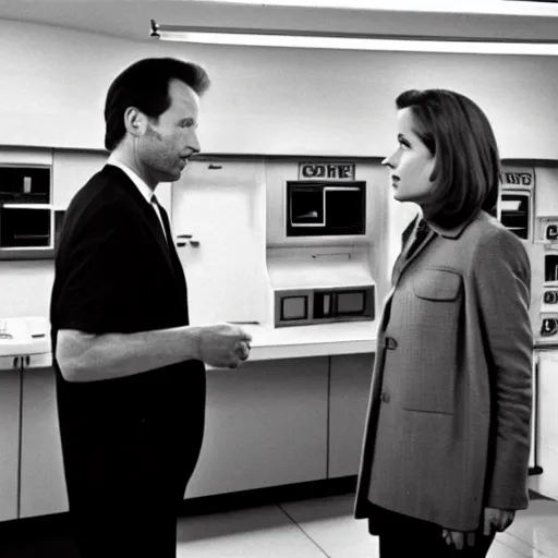 Image similar to mulder and scully investigate the fridge at the dmv, television still