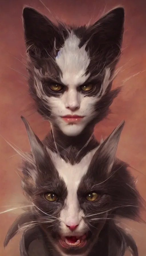 Image similar to epic masterpiece portrait of evil kitten vampire, hyperrealistic, octane render, cinematic, by Edgar Maxence and Ross Tran and Michael Whelan, Legends of Runeterra