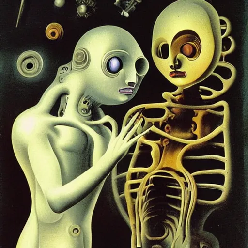 Prompt: Two mechanical beings in a deep conversation. Dali.