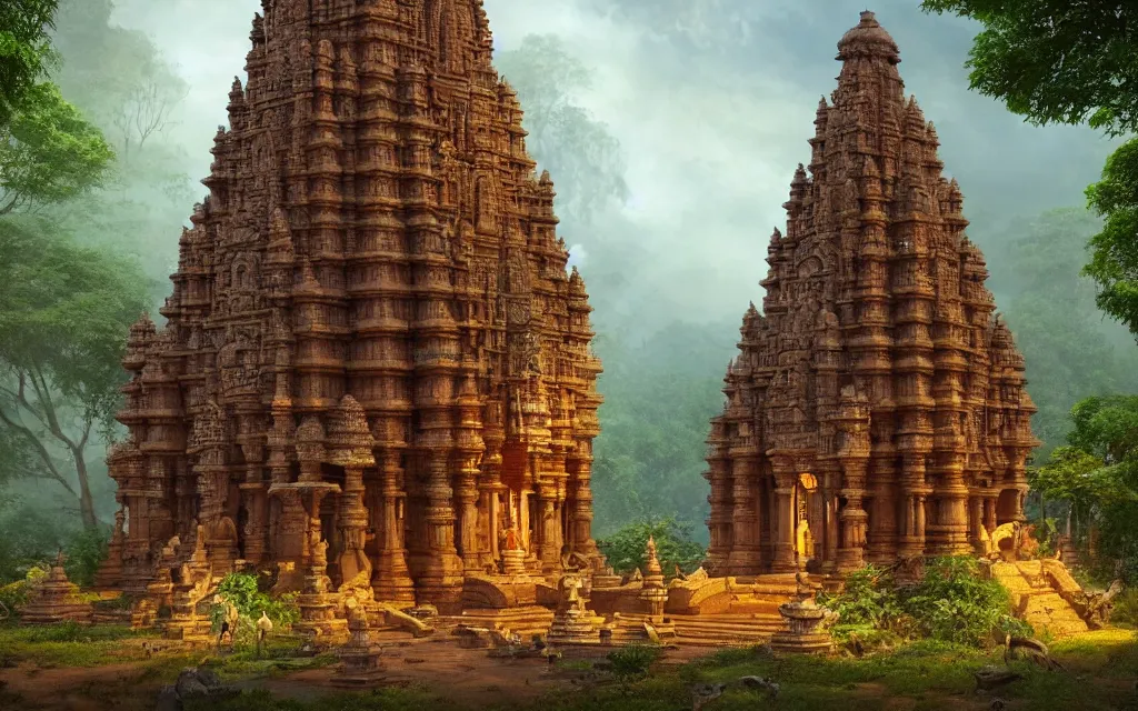 Image similar to High Fantasy solitary Hindu temple typical of the Chola period Dravidian style, made in sandstone carvings, lush green forest on a plain near a river, colorful sculptural motifs Intricate, detailed , artistic , volumetric lights warm. Joyful matte painting by Darek Zabrocki and Emmanuel Shiu, 4k ultra detailed, great composition cinematic.