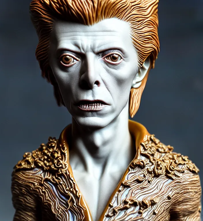 Image similar to David Bowie from labyrinth , A Close up photo-real delicate ceramic porcelain sculpture of a symmetrical ornate detailed in front of an intricate background by Victo Ngai and takato yamamoto, micro detail, backlit lighting, face in focus, subsurface scattering, translucent, thin porcelain, octane renderer, colorful, physically based rendering, japanese pottery, trending on cgsociety