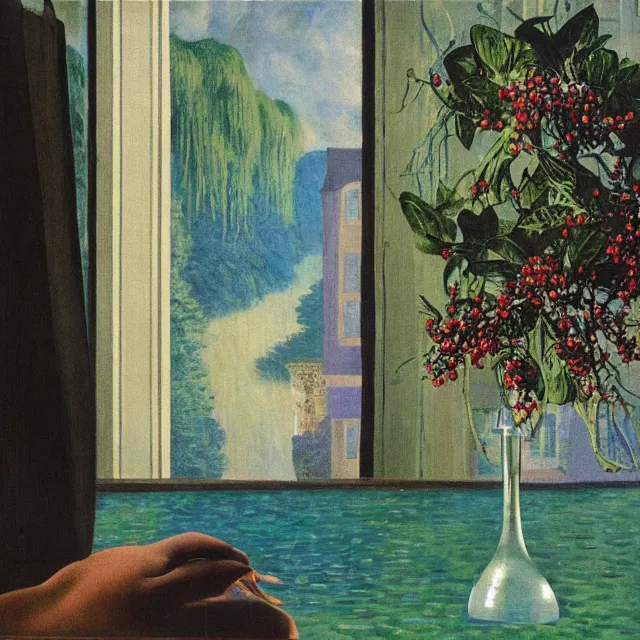 Prompt: a female art student in her apartment with a river flowing through the wall, plants in glass vase, water, river, rapids, pig, buttress tree roots, canoe, pomegranate, berries dripping, acrylic on canvas, surrealist, by magritte and monet