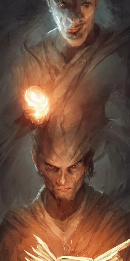 Image similar to a professional painting of a handsome young wizard olive skin, buzzed short dark hair, beautiful bone structure, symmetrical facial features, casting an evil spell, a floating glowing spellbook, , intricate, elegant, digital painting, concept art, smooth, sharp focus, illustration, from Metal Gear, by Ruan Jia and Mandy Jurgens and Artgerm and William-Adolphe Bouguereau