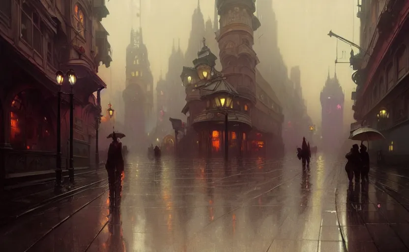 Image similar to an old victorian city with rainy atmosphere and moody and cinematic lighting by alphonse mucha, simon stalenhag and darek zabrocki, greg ruthkowski, craig mullins, cinematic and atmospheric, concept art, artstation, trending on artstation