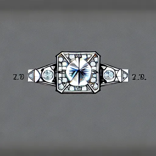 Image similar to sketch of engagement ring with two smaller diamonds outside and one bigger diamond in the middle, detailed, concept art, victorian, schematic