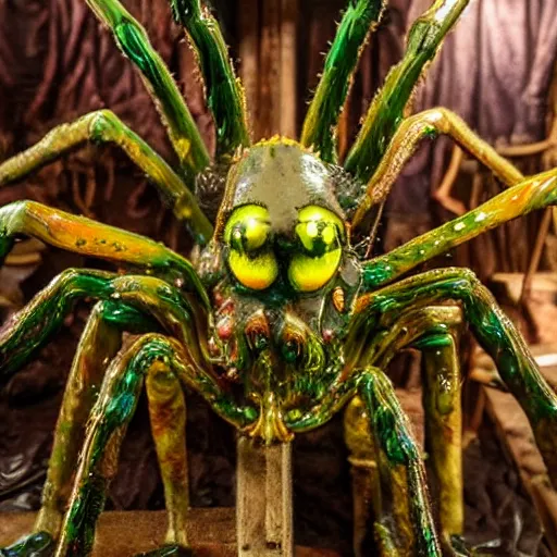 Image similar to photo taken of an epic intricate, ultra detailed, super realistic gritty, hero prop, exquisitely painted animatronic movie prop of a wet slimy grotesque nightmarish hellish arachnoid creature displayed in the workshop, created by weta workshop, full body shot, photorealistic, sharp focus